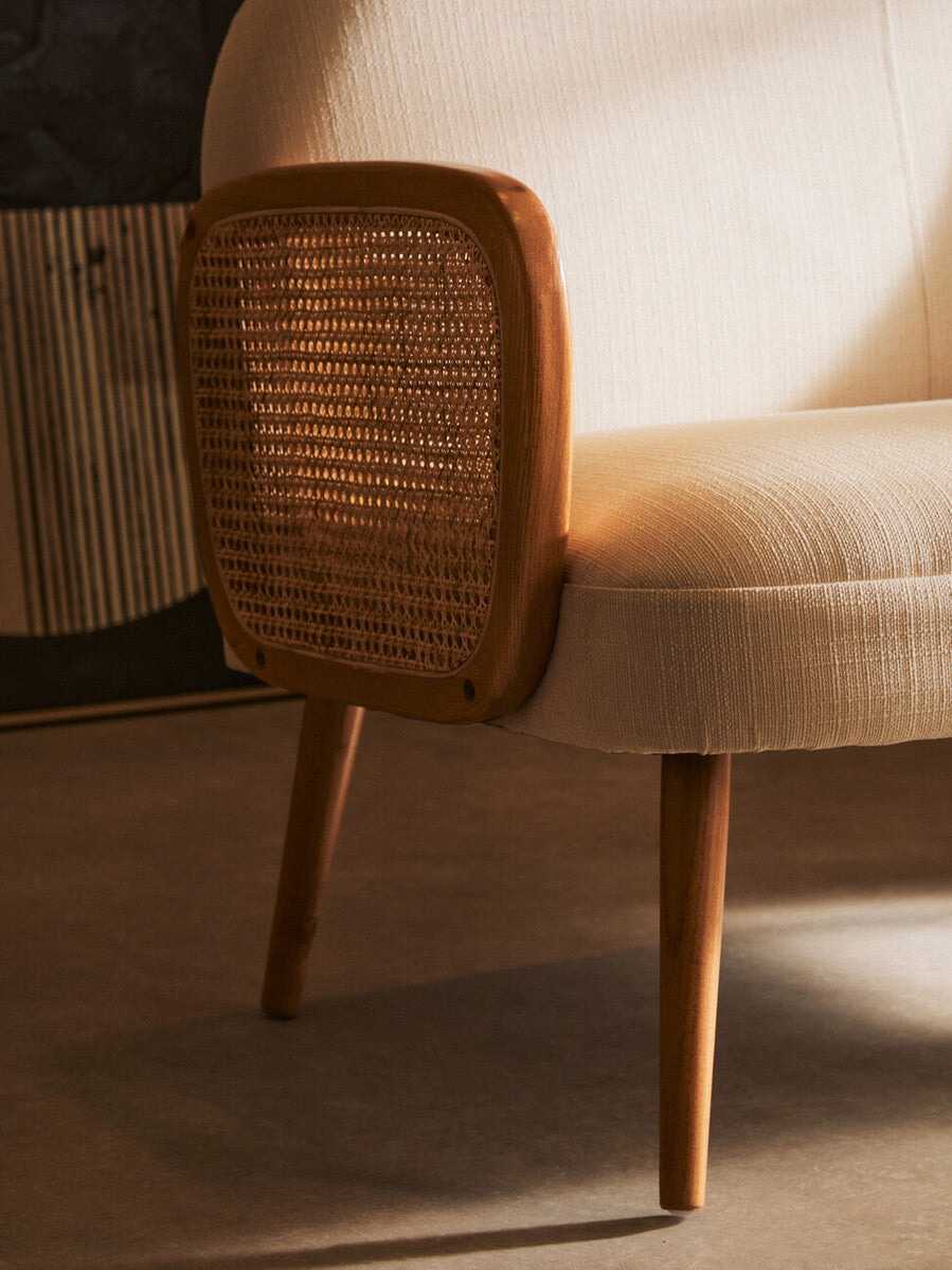 2 Seater Ivory Fabric and Cane Sofa with Elm Wood Legs, Cebu