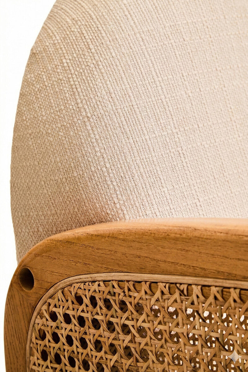 2 Seater Ivory Fabric and Cane Sofa with Elm Wood Legs | Cebu
