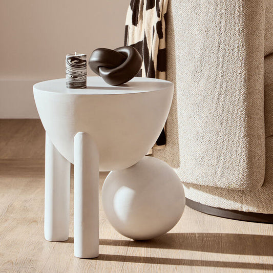 White Finish Mango Wood Round Side Table with Sphere and Semi-Cupped Legs, Walsa