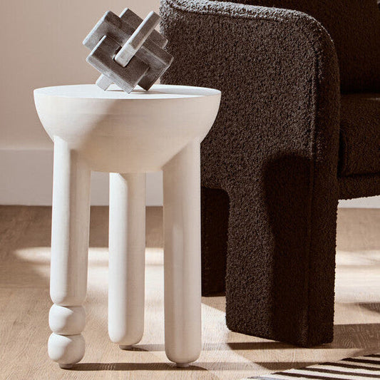 Whitewash Mango Wood Round Side Table with Column Detail Base, Walsa