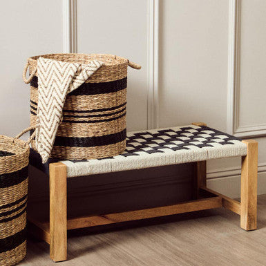 Satna Jute Black and White Design Mango Wood Frame Bench