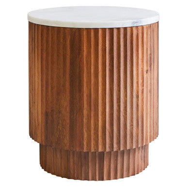 Brown Mango Wood Carved Side Table with White Marble Top, Torcino