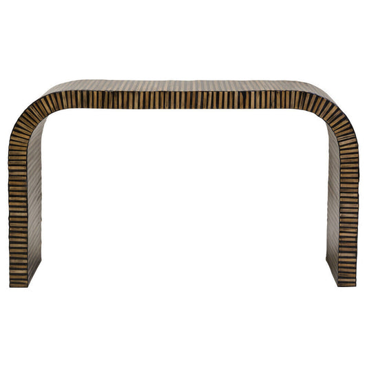 Natural Bamboo Inlay Curved Console Table with Sculptural Striped Design, Bambusa