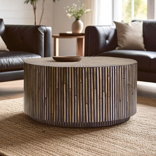 Natural Round Bamboo Inlay Coffee Table with Textured Sunburst Top, Bambusa