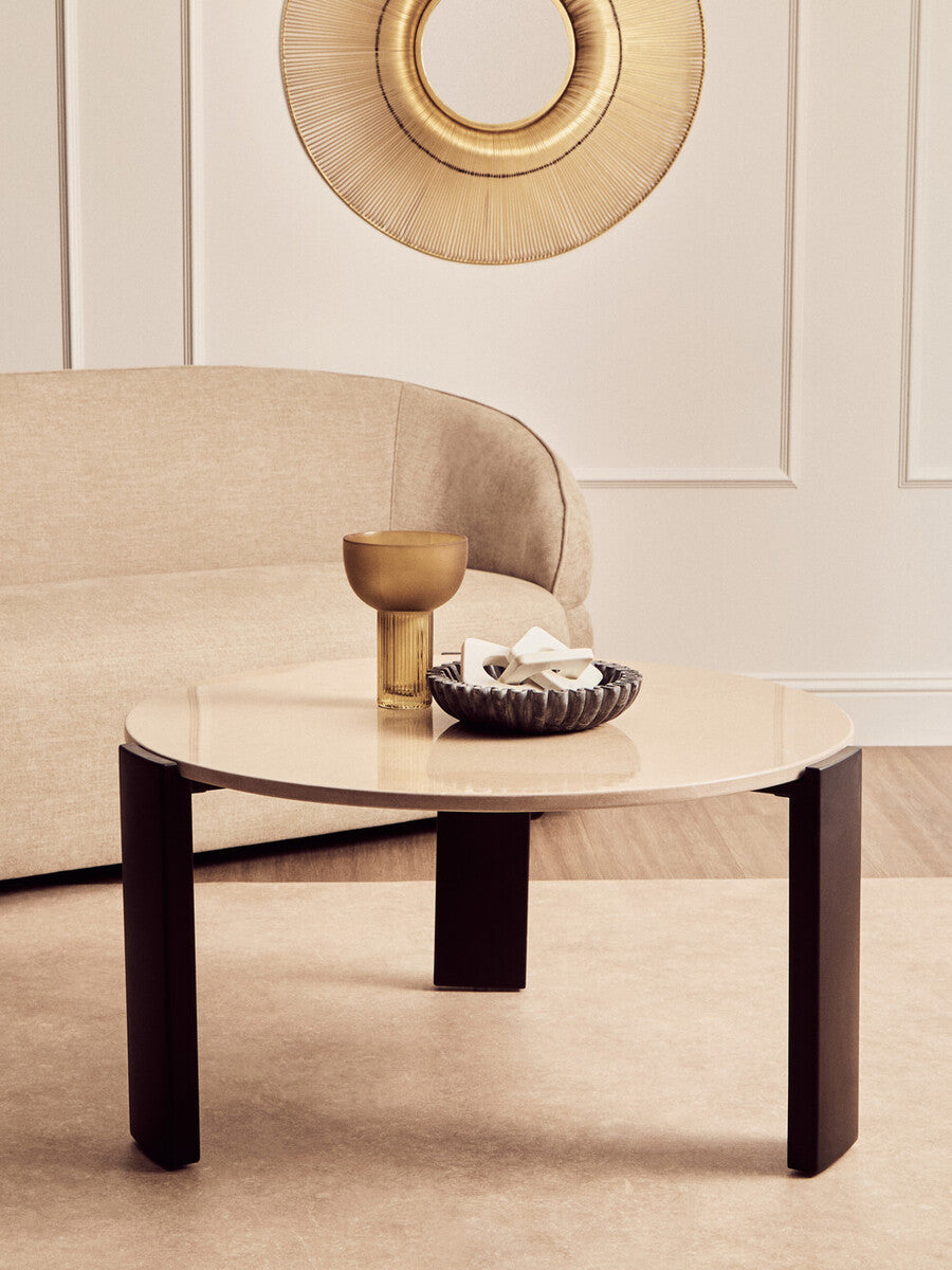 Cream Round Marble Top Large Coffee Table with Black Acacia Legs, Palermo