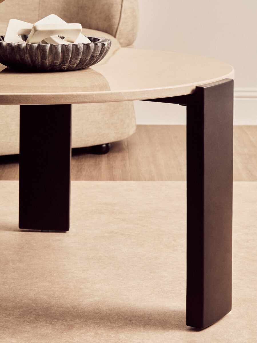 Cream Round Marble Top Large Coffee Table with Black Acacia Legs, Palermo