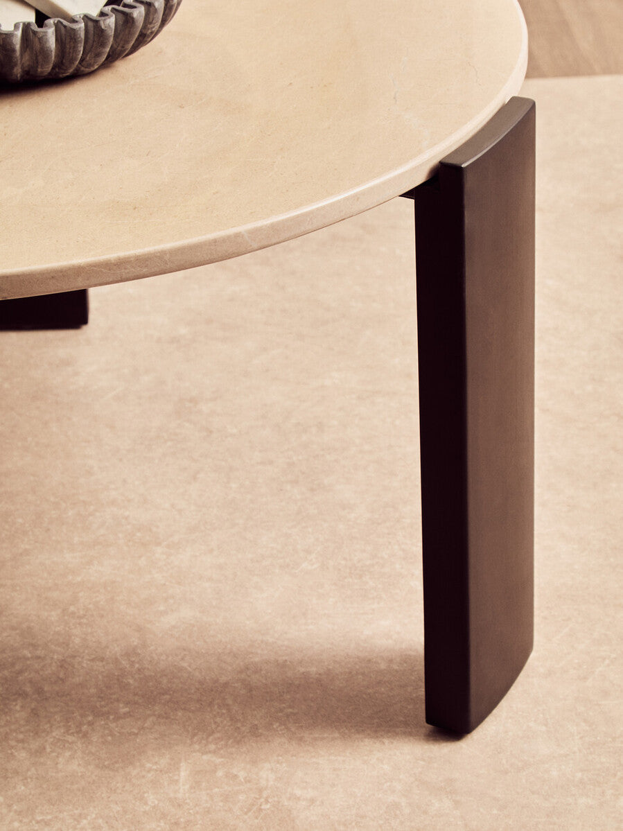 Cream Round Marble Top Large Coffee Table with Black Acacia Legs, Palermo