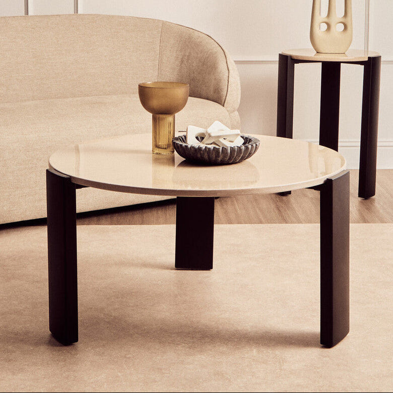 Cream Round Marble Top Large Coffee Table with Black Acacia Legs, Palermo