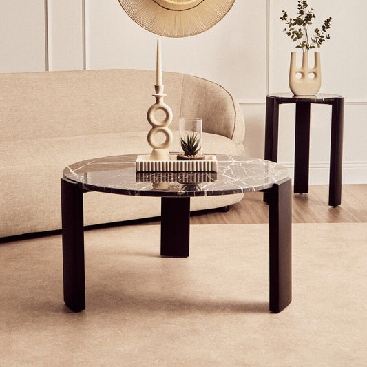 Black Round Marble Top Large Coffee Table with Black Acacia Legs, Palermo