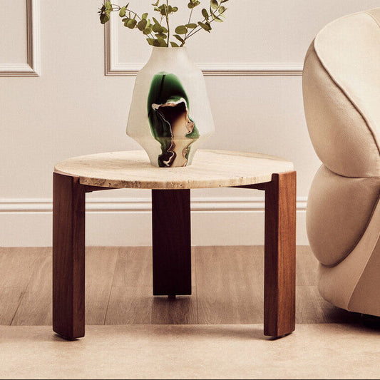 Cream Travertine Top Small Round Coffee Table with Natural Brown Acacia Wood Legs, Palermo