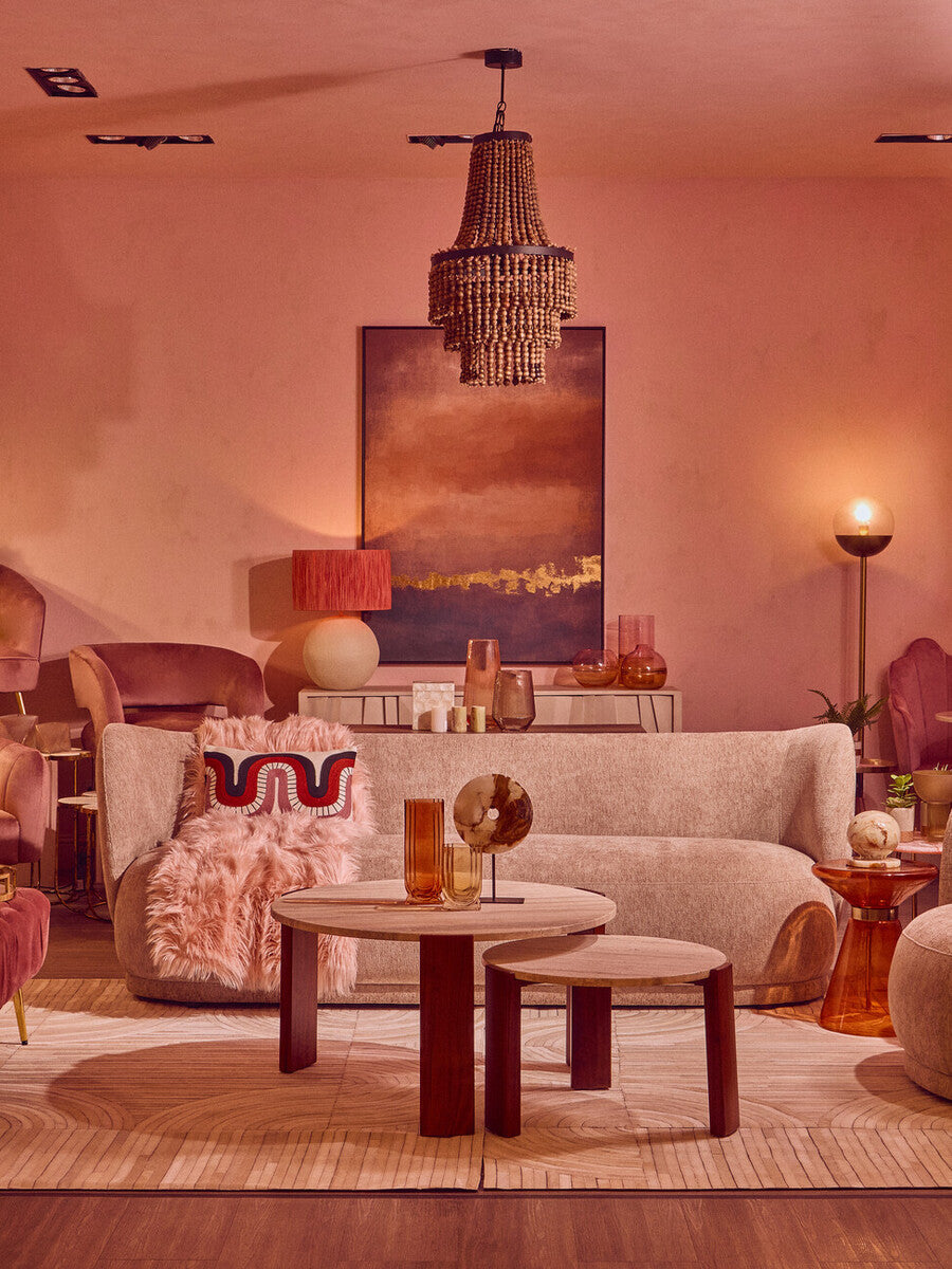 Palermo Natural Wood With Travertine Top Small Round Marble Coffee Table