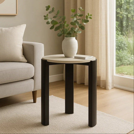 Cream Marble Top Round Side Table with Black Acacia Wood Legs | Palermo