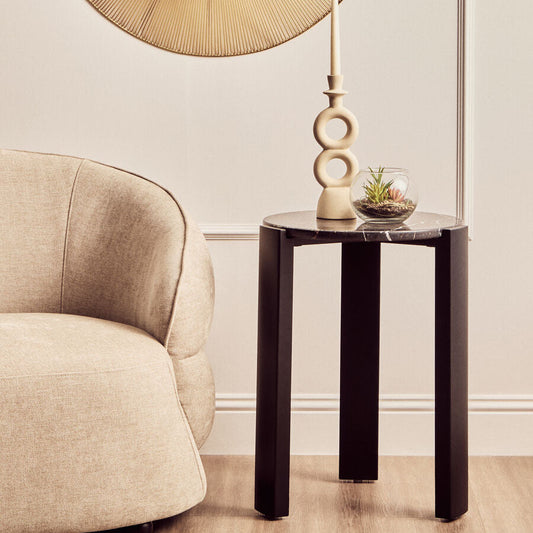 Black Marble Top Round Side Table with Black Acacia Wood Legs, Palermo