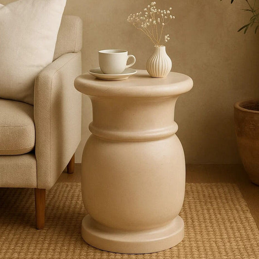 Cream Marble Multi Use Stool and Side Table with Refined Smooth Surface, Zoro