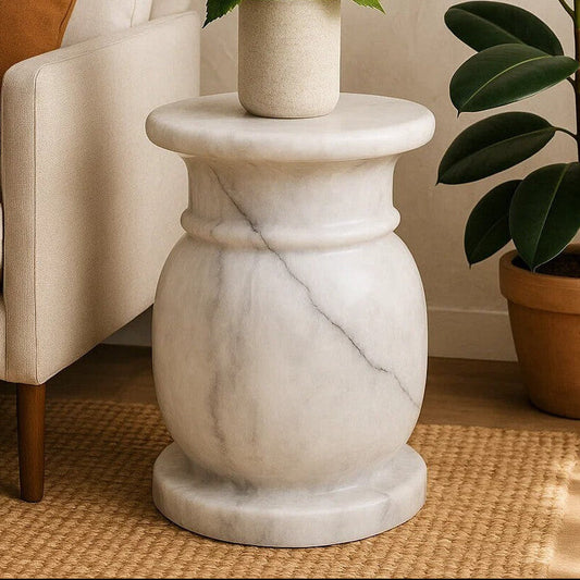 White Marble Multi Use Stool and Side Table with Refined Smooth Surface, Zoro