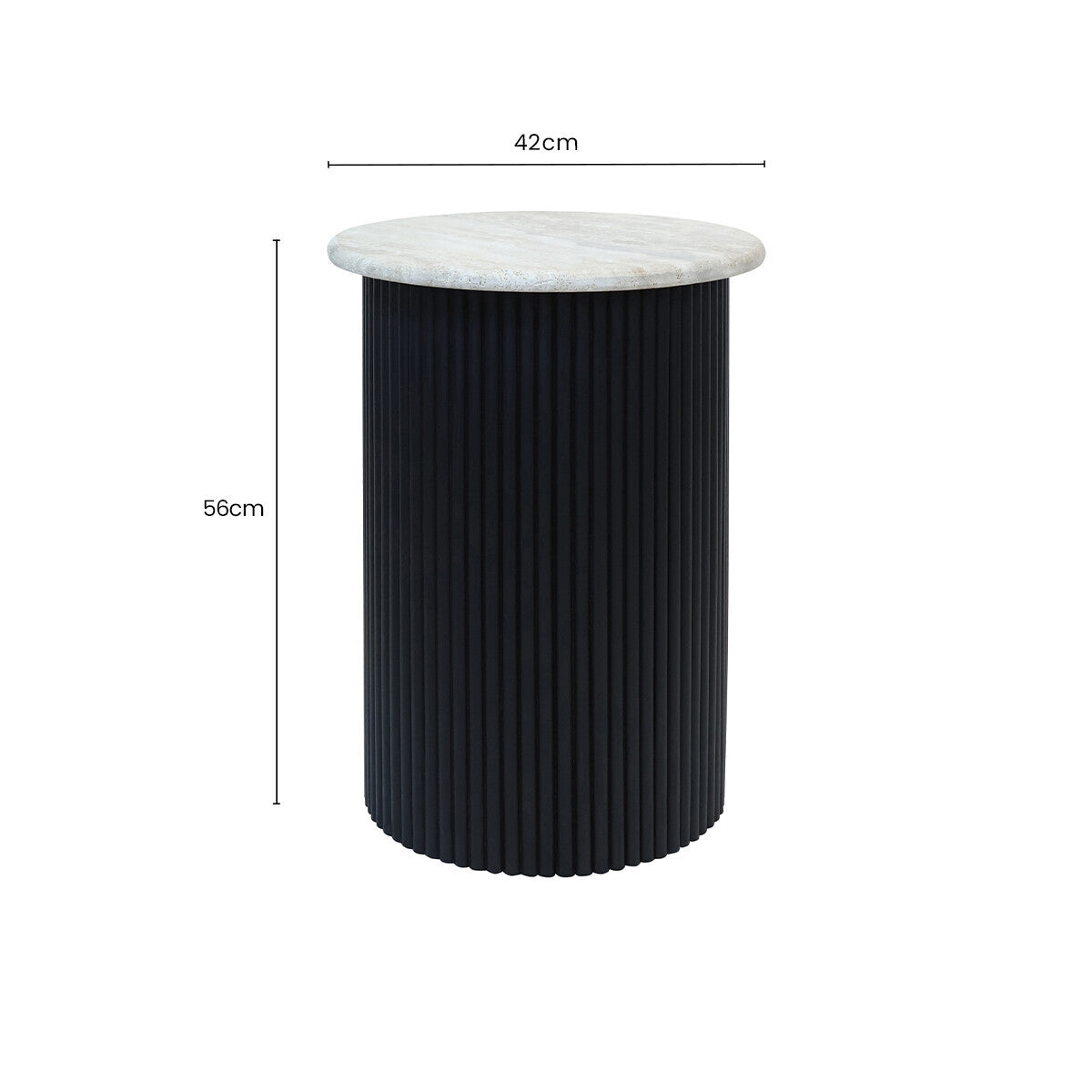 Cream Polished Travertine Top Side Table with Ridged Black Acacia Wood Cylindrical Base | Walton