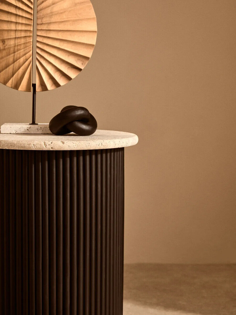 Cream Polished Travertine Top Side Table with Ridged Black Acacia Wood Cylindrical Base | Walton