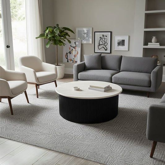 Walton Travertine Top Coffee Table with Black Acacia Wood Base