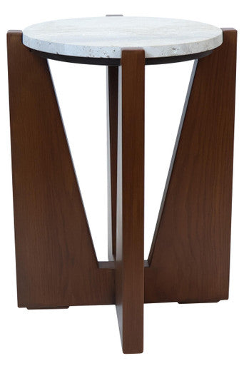 Cream Travertine Top Side Table with Brown Acacia Wood Geometric Frame | Winton