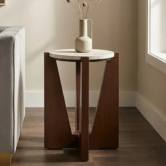 Cream Travertine Top Side Table with Brown Acacia Wood Geometric Frame | Winton