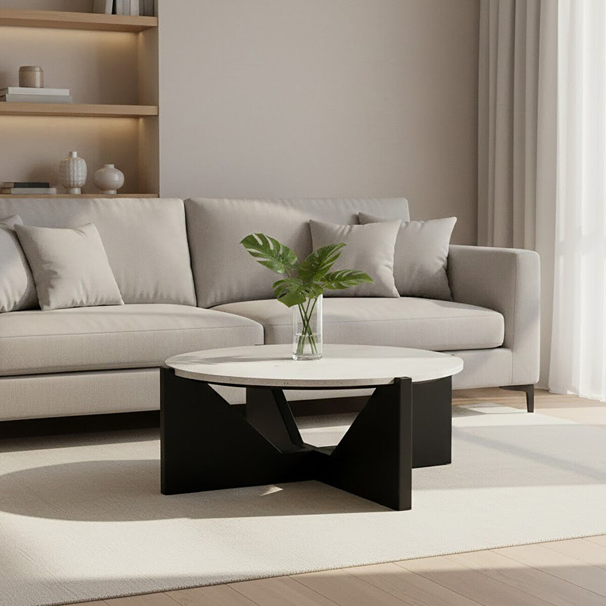 Cream Travertine Top Coffee Table with Black Acacia Wood Geometric Frame | Winton