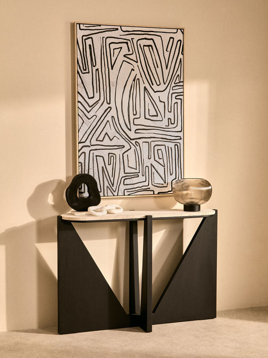 Winton Cream Travertine and Black Finish Acacia Wood Console Table