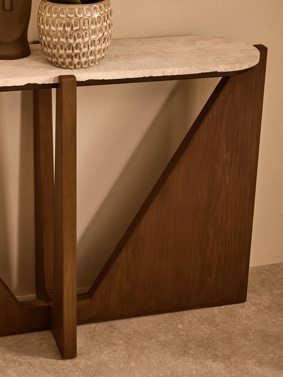 Cream Travertine Top Console Table with Brown Acacia Wood Frame, Walton