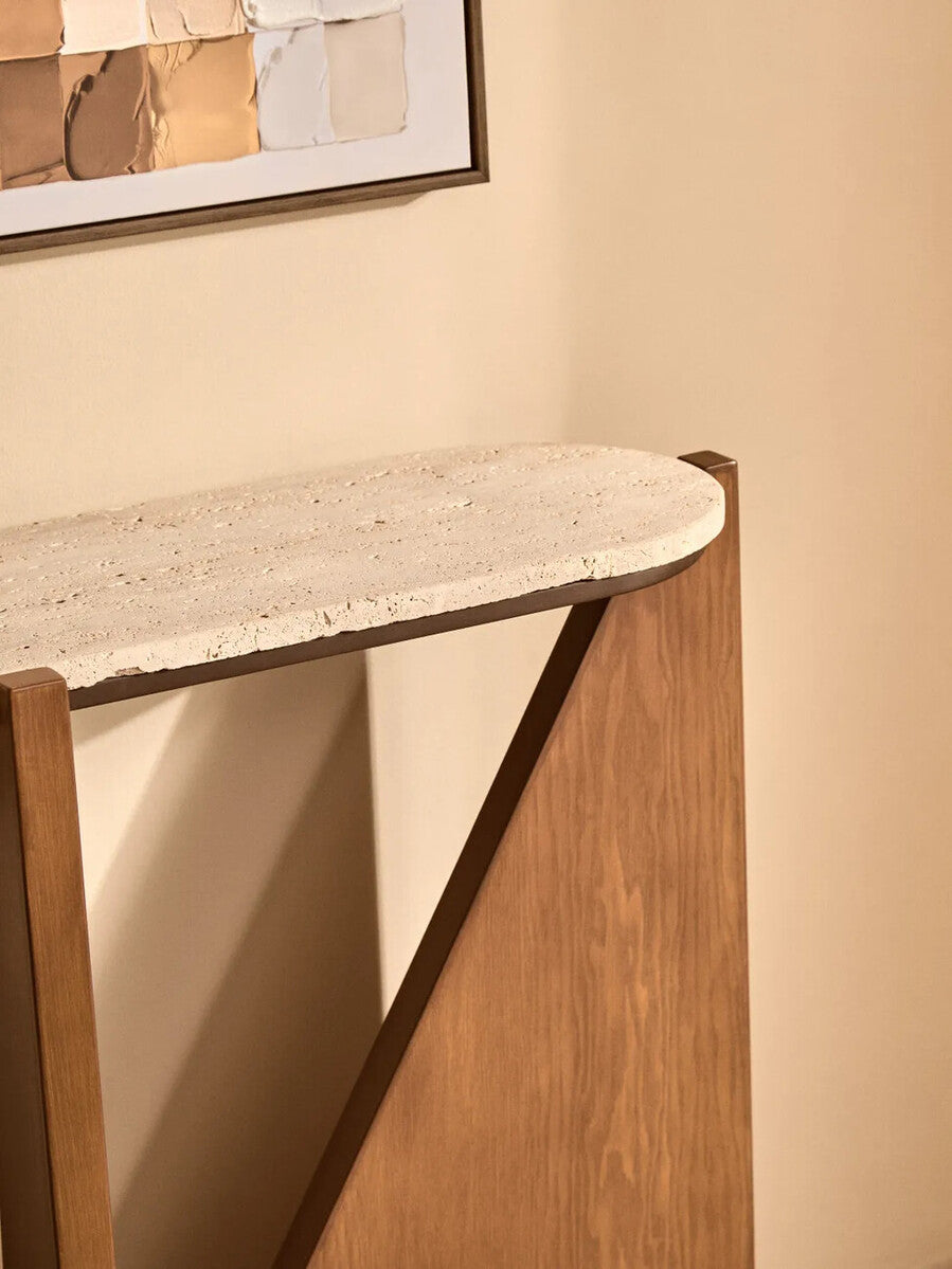 Cream Travertine Top Console Table with Brown Acacia Wood Frame, Walton