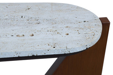 Cream Travertine Top Console Table with Brown Acacia Wood Frame, Walton