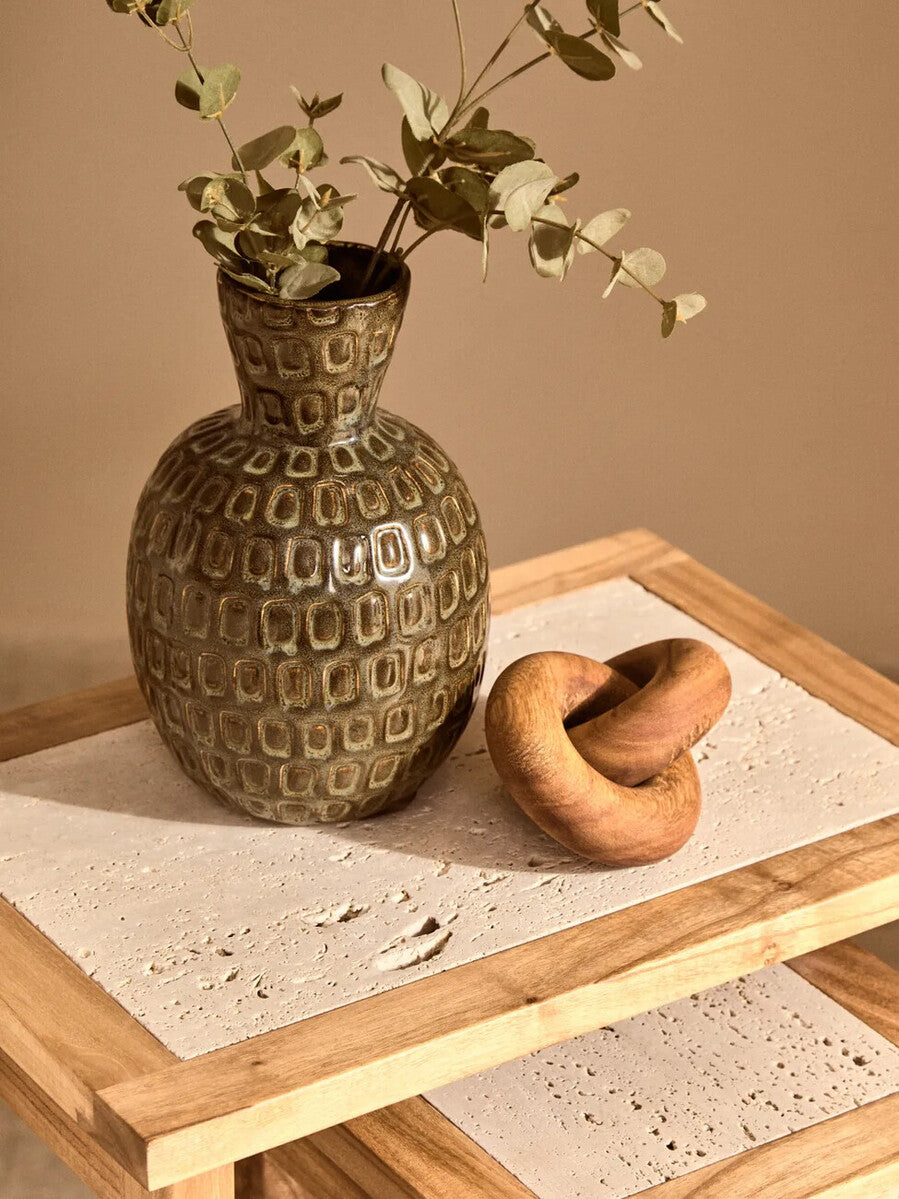 Set of 2 Cream Travertine Top Small Nesting Console Tables with Natural Acacia Wood Frames | Womad