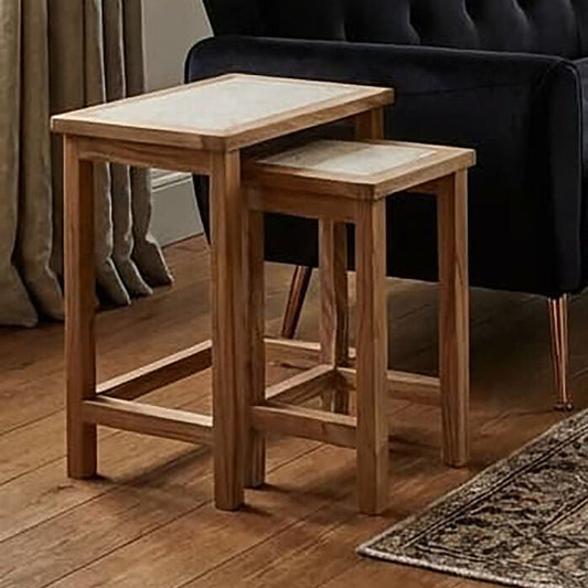 Set of 2 Cream Travertine Top Small Nesting Console Tables with Natural Acacia Wood Frames, Womad