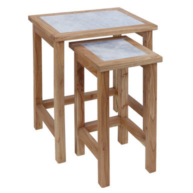 Womad Small Set Of 2 Wooden Side Tables With White Marble Tops