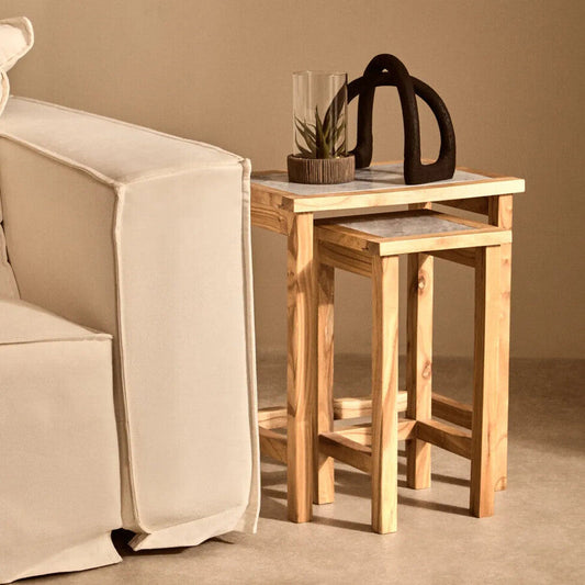 Set of 2 Small White Marble Top Nesting Side Tables with Natural Wood Frames, Womad