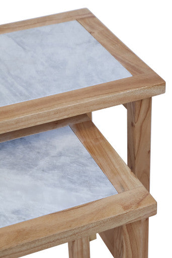 Womad Small Set Of 2 Wooden Side Tables With White Marble Tops