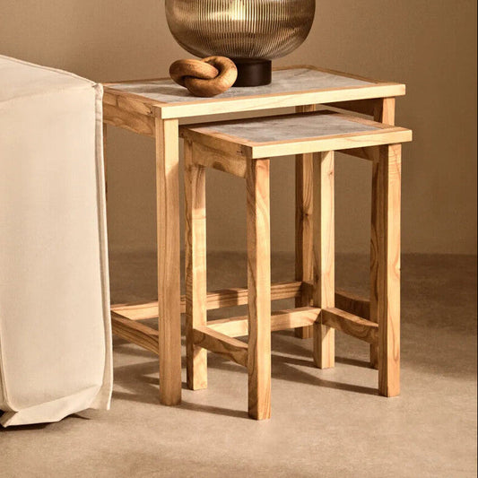 Set of 2 Large White Marble Top Nesting Side Tables with Natural Wood Frames, Womad