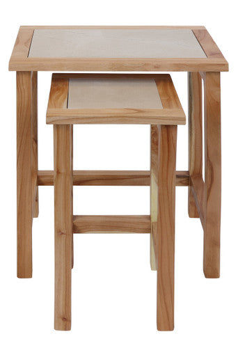 Womad Small Set Of 2 Wooden Side Tables With Cream Marble Tops