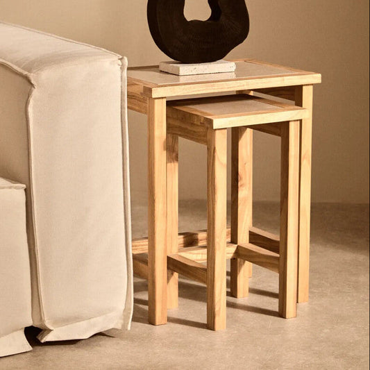 Set of 2 Small Cream Marble Top Nesting Side Tables with Natural Wood Frames, Womad