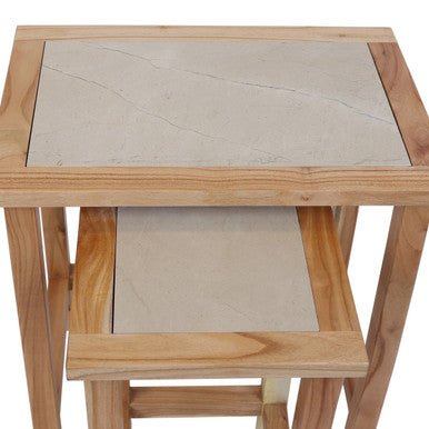 Womad Small Set Of 2 Wooden Side Tables With Cream Marble Tops