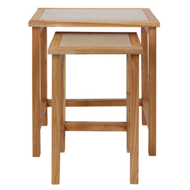 Set of 2 Large Cream Marble Top Nesting Side Tables with Natural Wood Frames, Womad