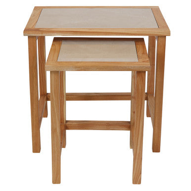 Set of 2 Large Cream Marble Top Nesting Side Tables with Natural Wood Frames, Womad