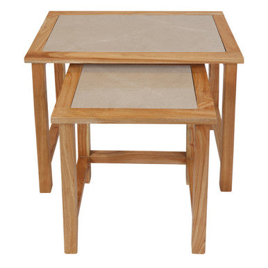 Set of 2 Large Cream Marble Top Nesting Side Tables with Natural Wood Frames, Womad