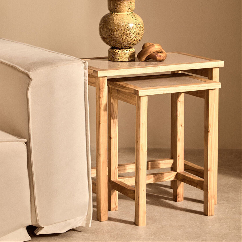Set of 2 Large Cream Marble Top Nesting Side Tables with Natural Wood Frames, Womad