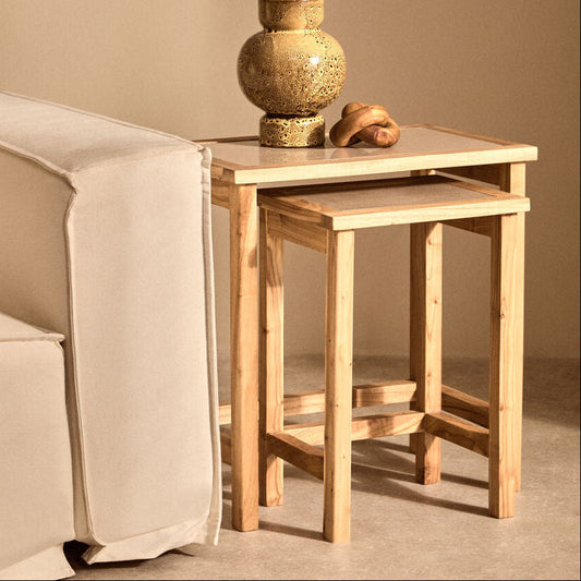 Set of 2 Large Cream Marble Top Nesting Side Tables with Natural Wood Frames, Womad