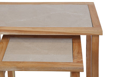 Set of 2 Large Cream Marble Top Nesting Side Tables with Natural Wood Frames, Womad