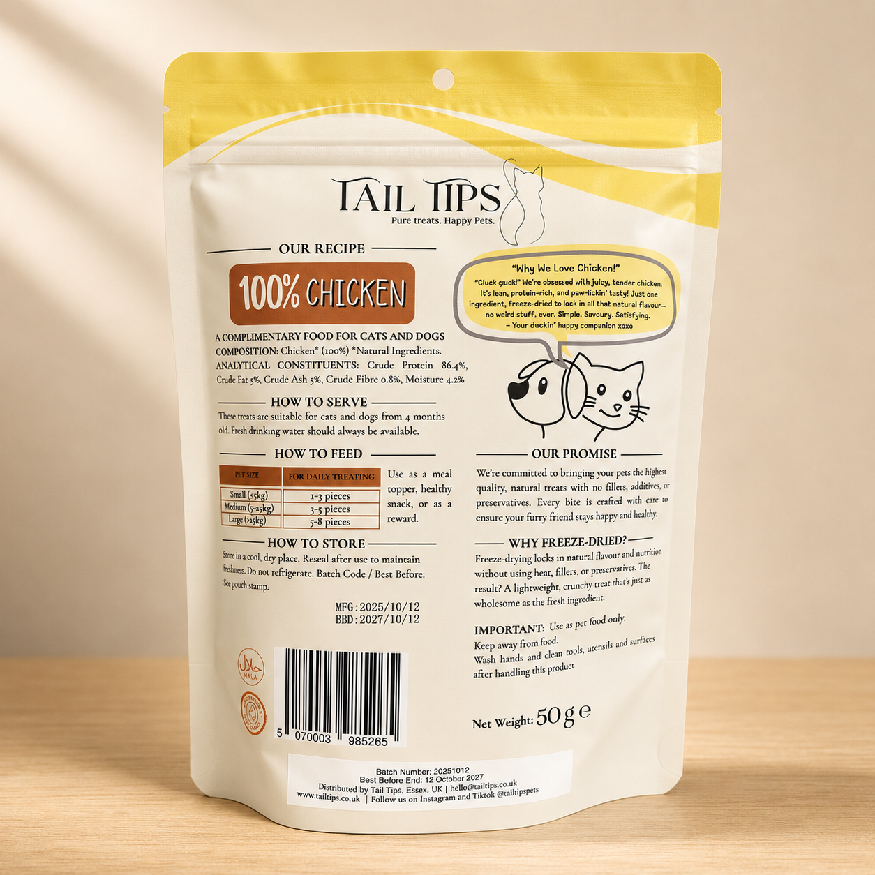 Cluck & Crunch - 100% Freeze-Dried Chicken Treats | Pure & Natural | Tail Tips UK | 50g pack