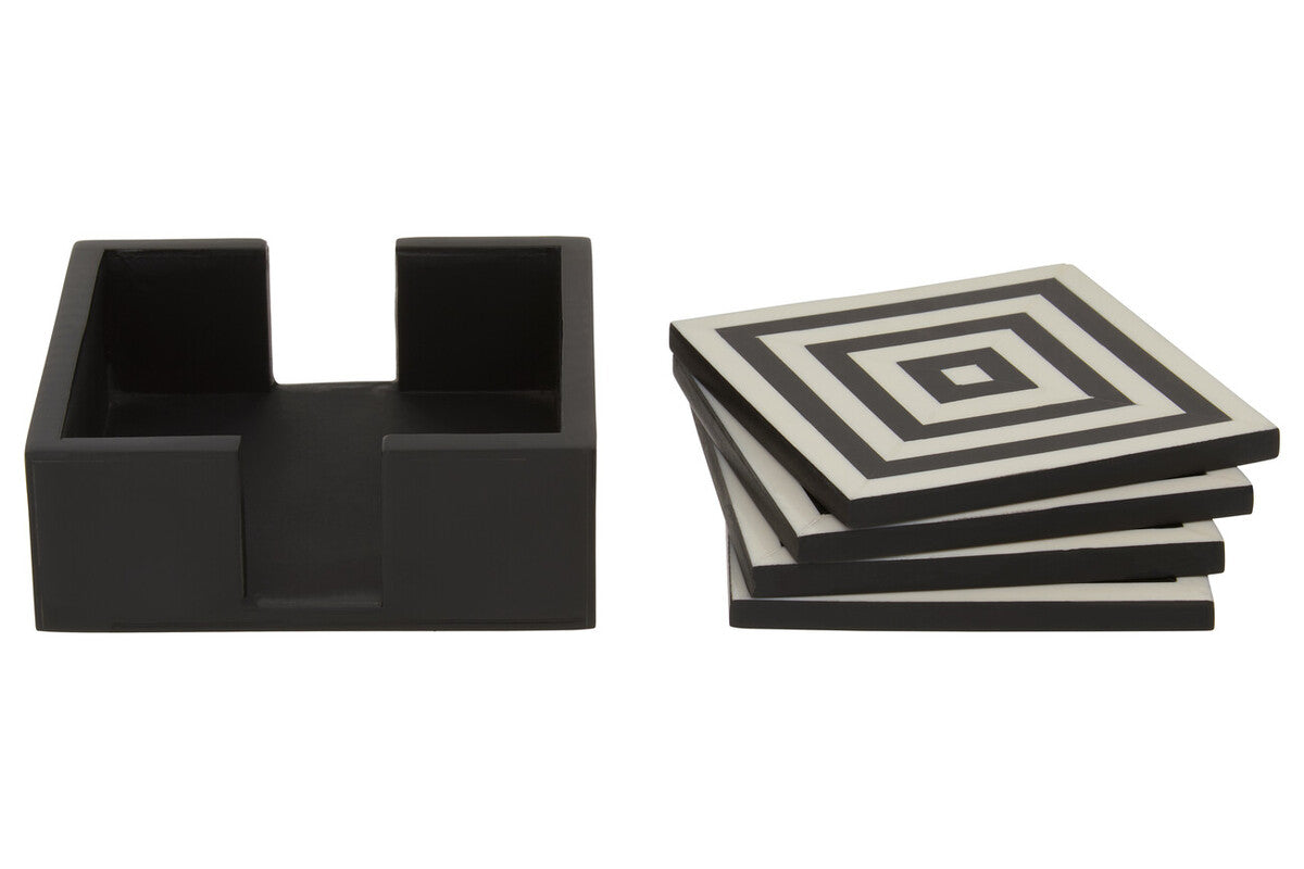 Donato Set of Four Black and White Stripe Coasters with Holder