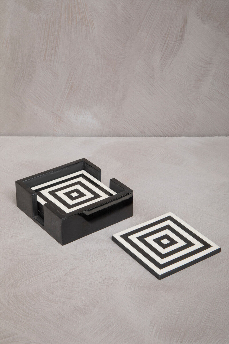 Donato Set of Four Black and White Stripe Coasters with Holder