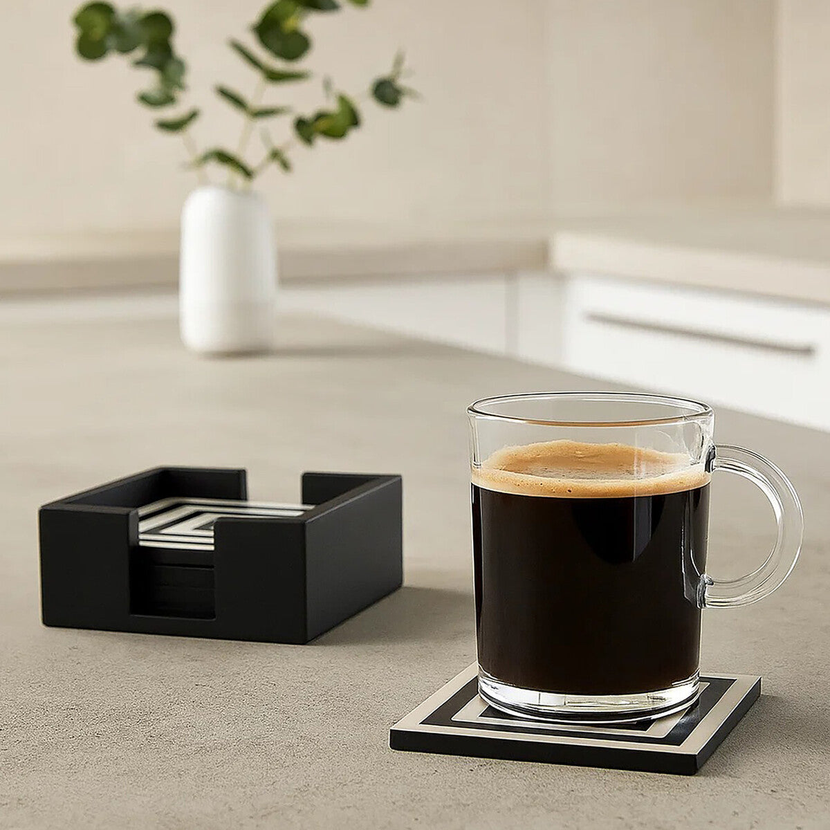 Donato Set of 4 Black and White Stripe Coasters with Holder