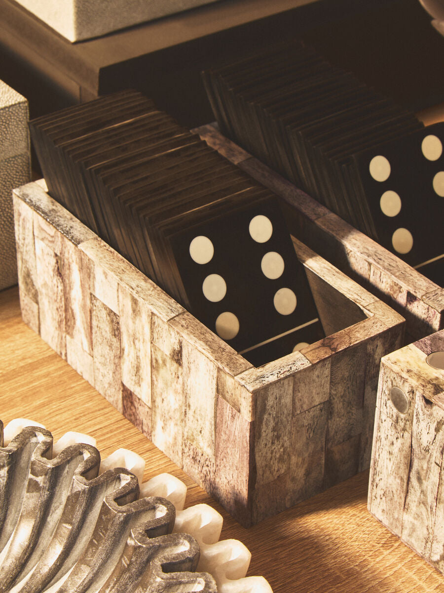 Grey Bone Domino Set with Black Dominoes | Churchill Games