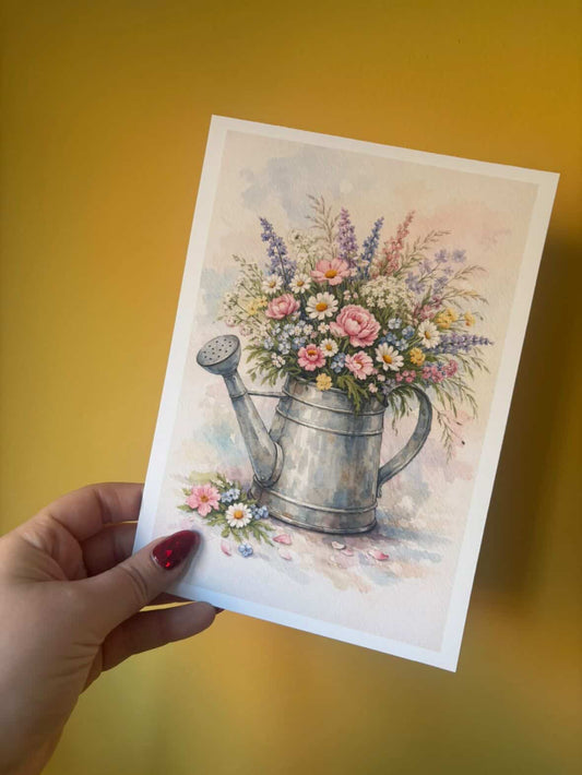 Spring Watering Can Wall Art – Floral Garden Jug Watercolour Print Cottagecore Farmhouse Spring Decor